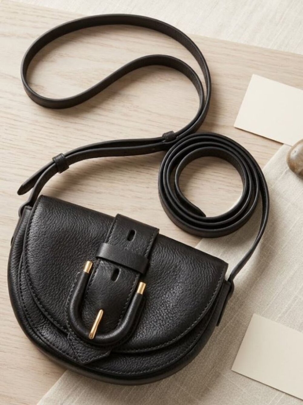 Fossil Black Pebble Leather Saddle Crossbody Bag with Buckle Detail